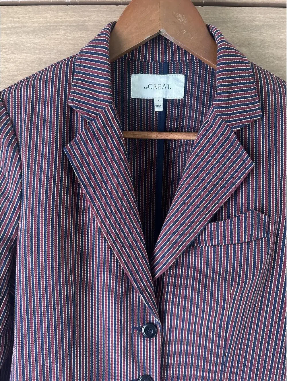 The GREAT. Shrunken Blazer Country Road Pinstripe Red Blue Women’s size 1 Small - Picture 4 of 14